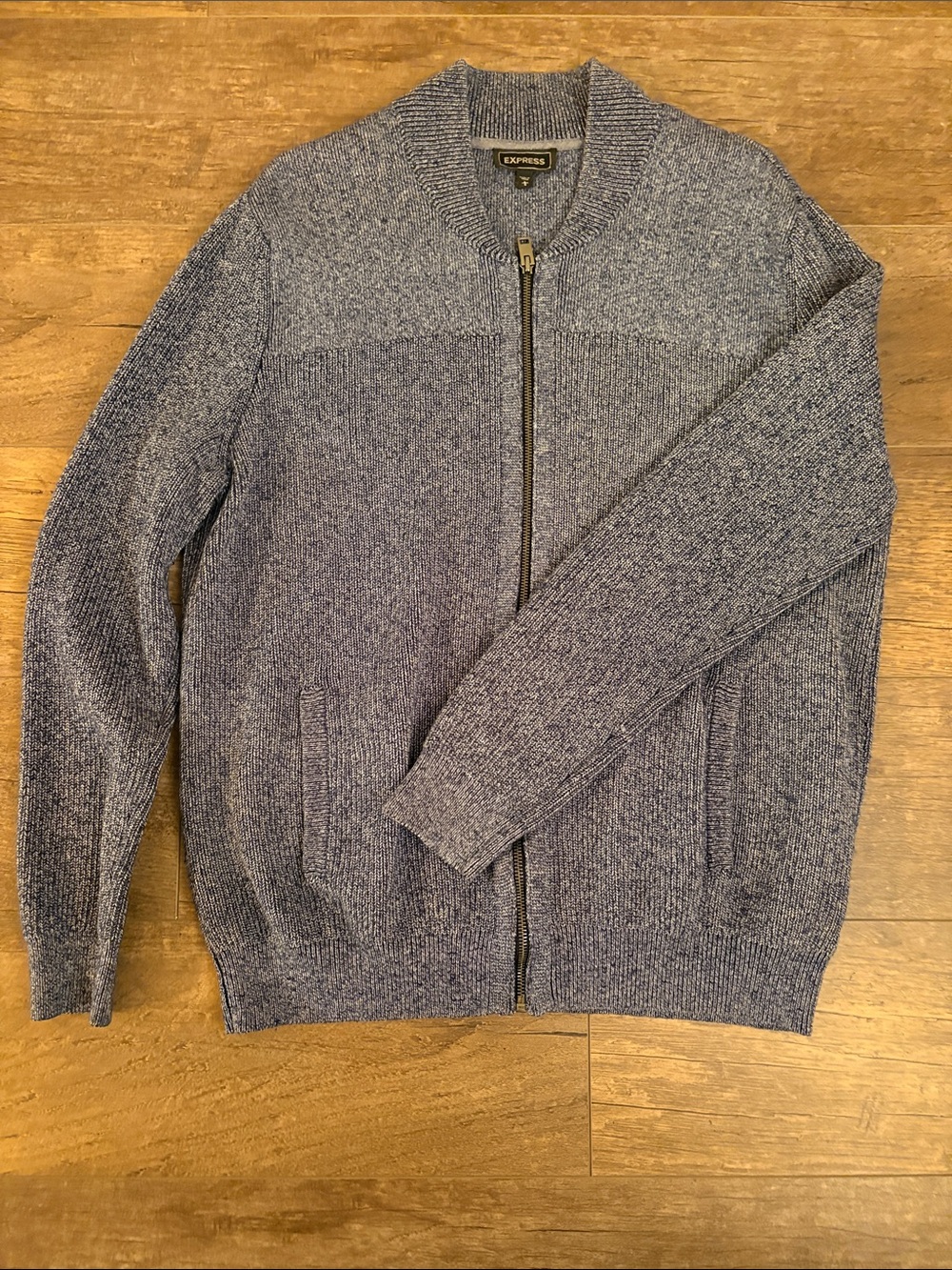 Express Men's Heather Navy Zip-Up Bomber Sweater